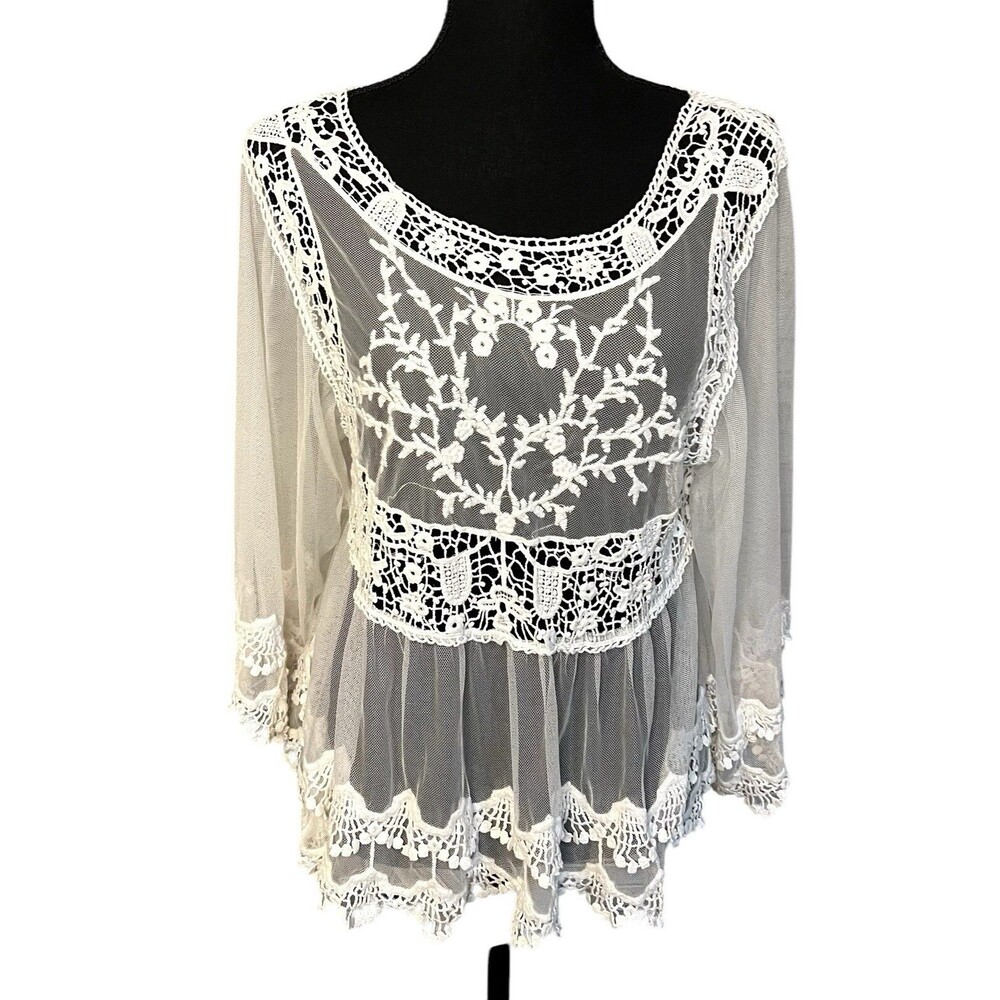 Pink Melo Blouse Small Ivory Lace Crochet Whimsy Cottagecore Tunic Top Fairy